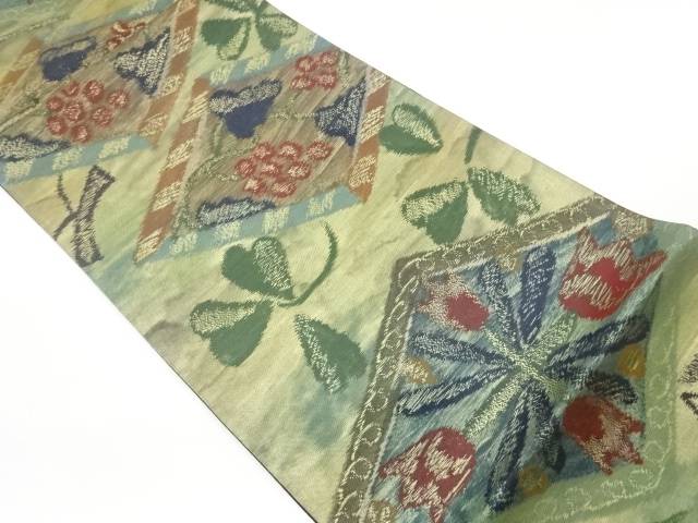 菱に草花・実模様織出し袋帯【リサイクル】【中古】【着】(prc)