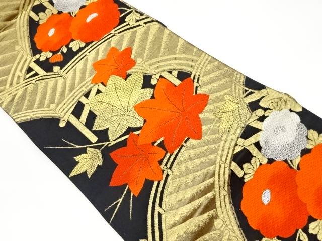 橋に紅葉・菊模様織出し袋帯【リサイクル】【中古】【着】(prc)