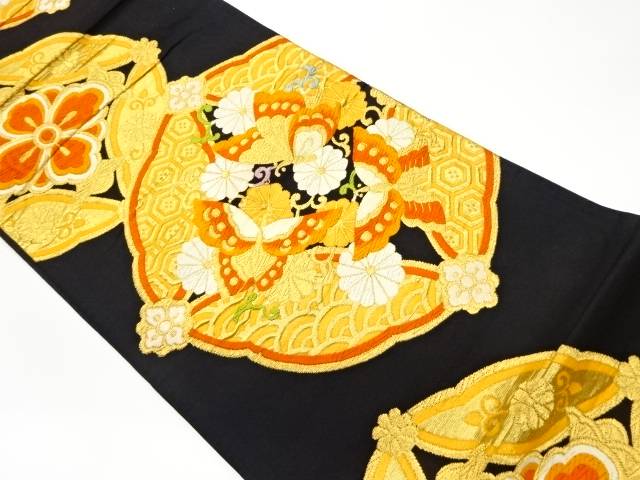 華紋に蝶・菊・古典柄模様織出し袋帯【リサイクル】【中古】【着】(prc)｜Kimono-Shinei　２号店