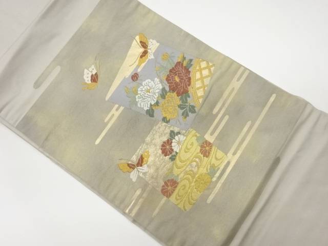 ヱ霞に色紙・蝶・花々・流水模様織出し名古屋帯【リサイクル】【中古】【着】(prc)｜Kimono-Shinei　２号店