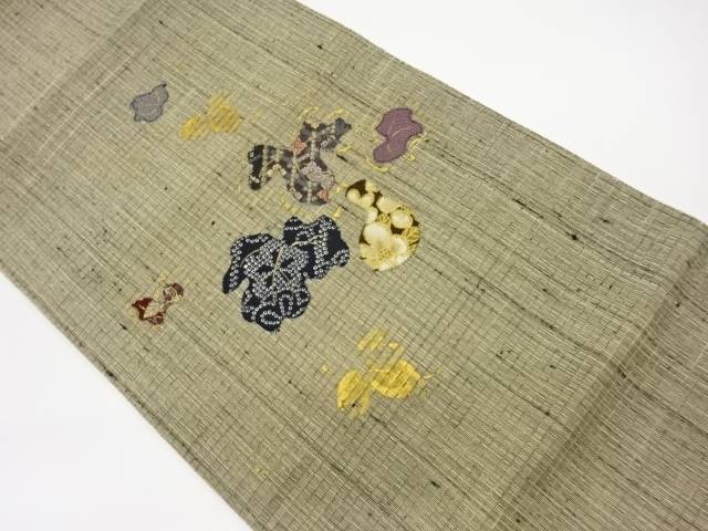 手織り紬パッチワーク金彩蔦に瓢箪・花模様袋帯【リサイクル】【中古】【着】