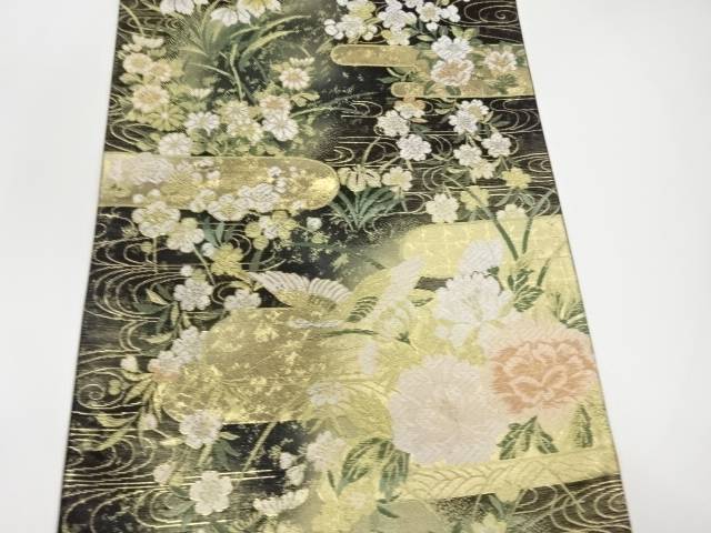 鳥に花々・流水・ヱ霞模様織出し袋帯【リサイクル】【中古】【着】
