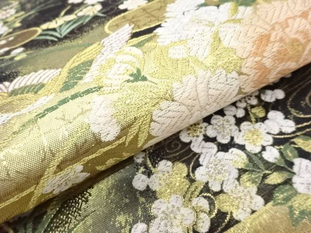 鳥に花々・流水・ヱ霞模様織出し袋帯【リサイクル】【中古】【着】