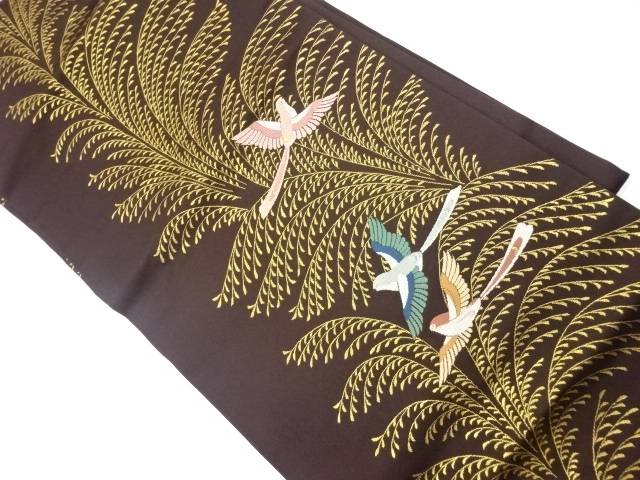 鴛鴦に植物模様織出し名古屋帯