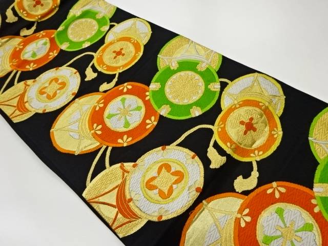 鼓に花々模様織出し袋帯【リサイクル】【中古】【着】(prc)