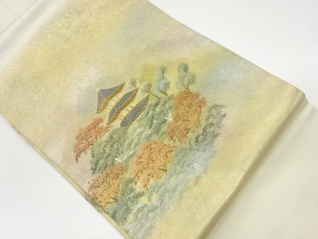 金彩手描き遠山に塔・樹木模様名古屋帯【リサイクル】【中古】【着】(prc)
