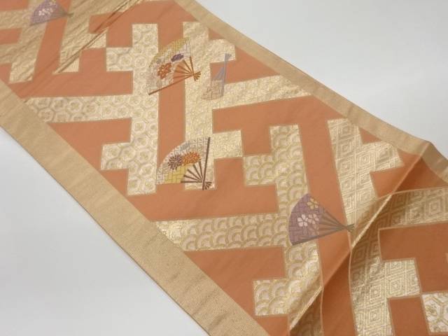 扇に花々・古典柄模様織出し袋帯【リサイクル】【中古】【着】(prc)