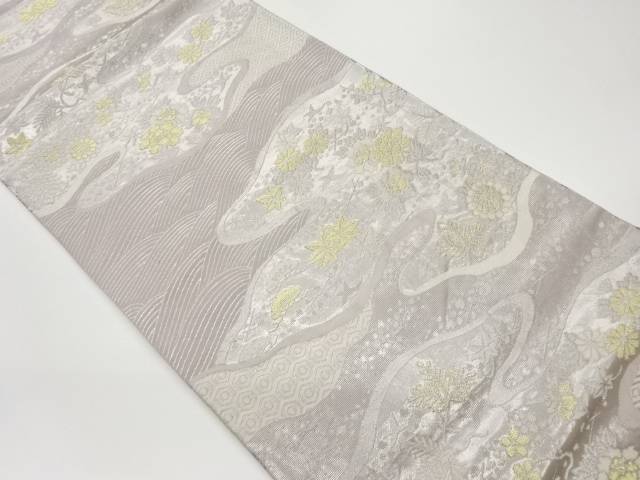 霞取りに草花・波模様織出し袋帯【リサイクル】【中古】【着】(prc)