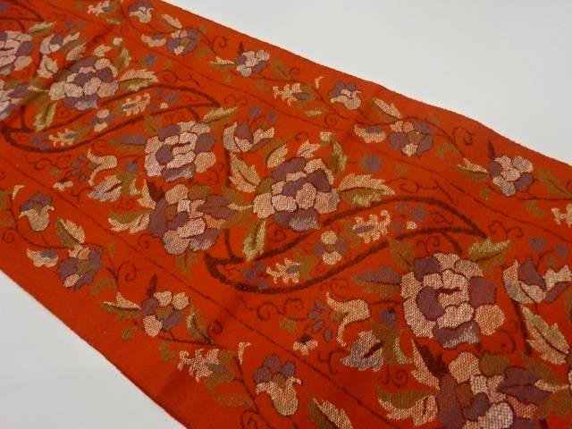 手織り紬縞に花唐草模様織出し名古屋帯【リサイクル】【中古】【着】(prc)
