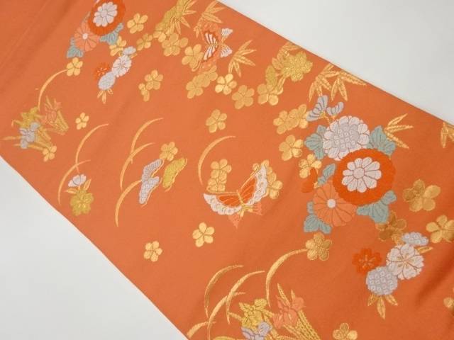 蝶に花・松竹梅模様織出し開き名古屋帯(松葉仕立て)【リサイクル】【中古】【着】(prc)