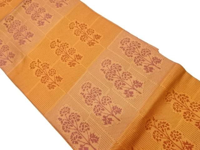 変わり格子に草花模様織出し名古屋帯【リサイクル】【中古】【着】(prc)
