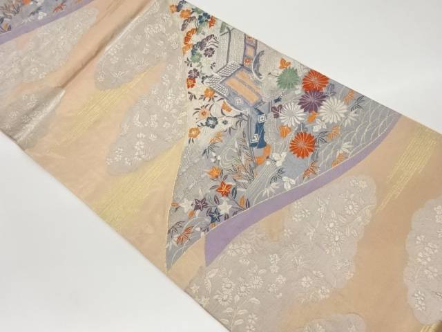 御所車に草花・雲模様織出し袋帯【リサイクル】【中古】【着】(prc)