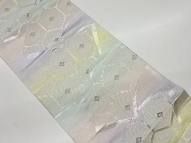 プラチナ二重箔地紙に亀甲・花菱模様織出し袋帯【リサイクル】【中古】【着】(prc)