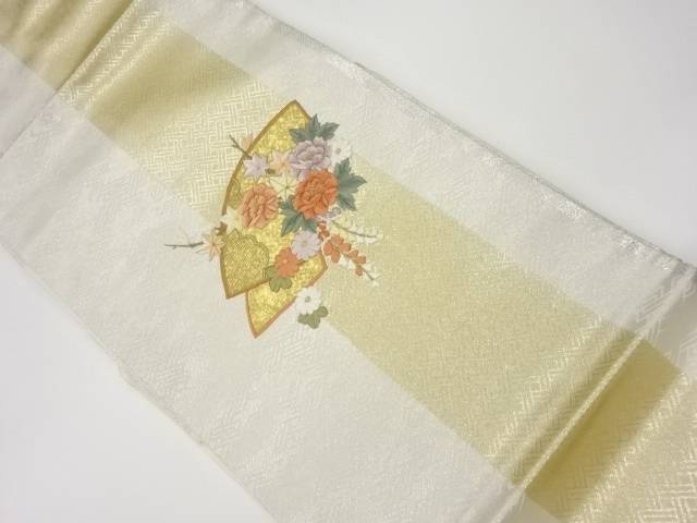 地紙に花々模様刺繍名古屋帯【リサイクル】【中古】【着】(prc)