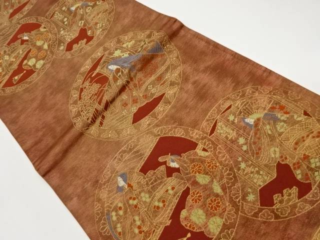 丸文に蝶・花々・平安風景模様織出し袋帯【リサイクル】【中古】【着】(prc)