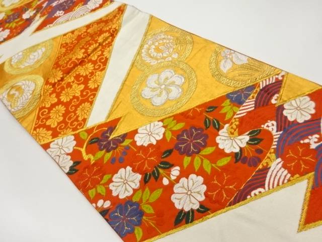 丸文に枝垂れ桜・荒波・菊唐草模様織出し袋帯【リサイクル】【中古】【着】(prc)