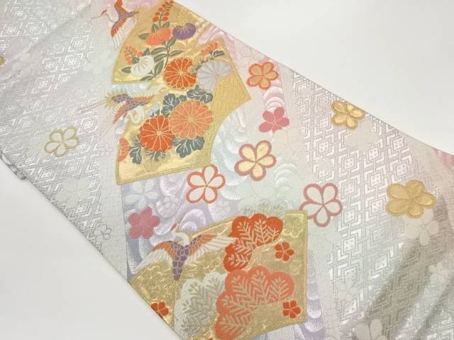 地紙に松・花々・鶴模様織出し袋帯【リサイクル】【中古】【着】