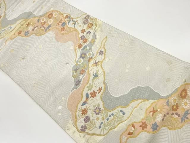 道長取に花鳥・蝶・波模様織出し袋帯【リサイクル】【中古】【着】