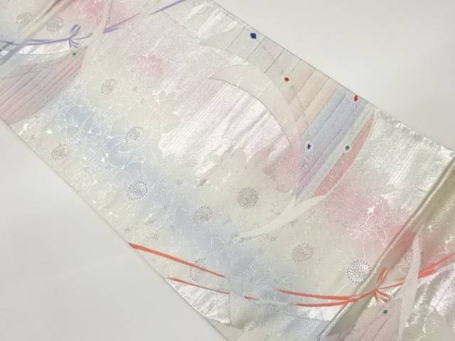 変わり鶴に花々・横縞模様織出し袋帯【リサイクル】【中古】【着】