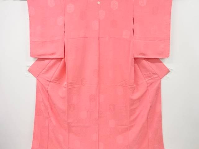 未使用品　亀甲に草花模様織り出し一つ紋色無地着物【リサイクル】【着】