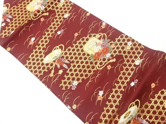 貝桶に花々模様織出し名古屋帯【中古】【着】