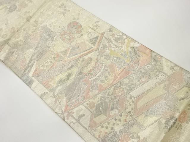 佐賀錦花々に厨子棚・和楽器模様織出し袋帯【中古】【着】