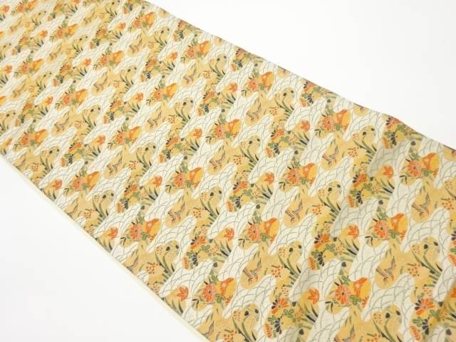 草花に鳥・芝模様織出し袋帯【中古】【着】