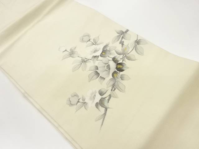 手織り紬金彩手描き枝葉に花模様名古屋帯【中古】【着】