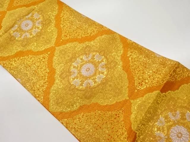 服部織物製　菱に菊・唐草模様織出し袋帯【中古】【着】