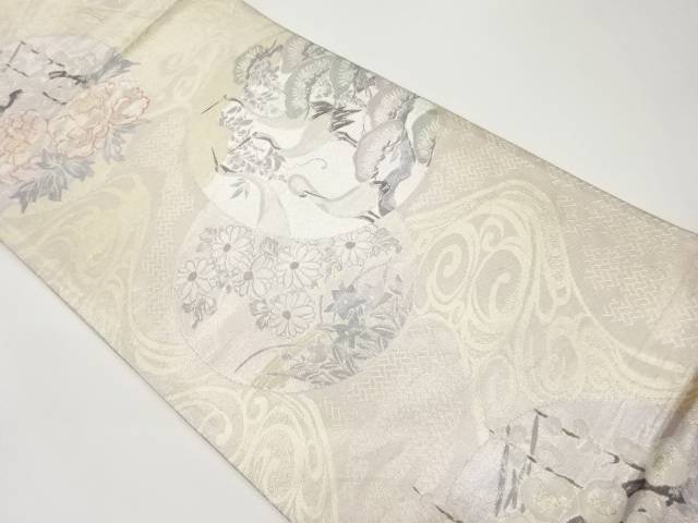 丸文に鶴・松・花々模様織出し袋帯【中古】【着】 10,508円