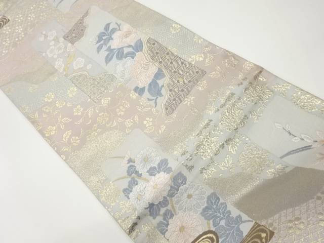道長取りに短冊・花々・古典柄模様織出し袋帯【中古】【着】