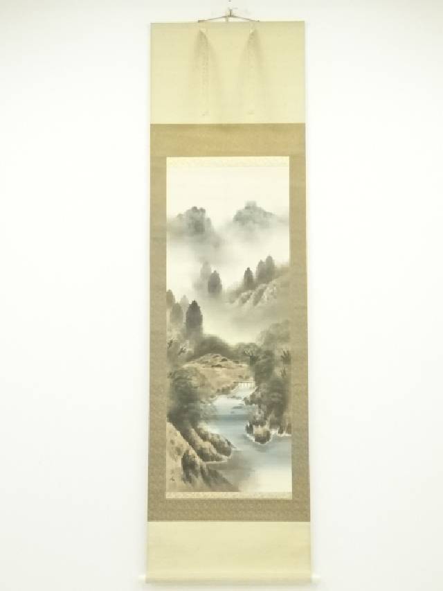 絹本肉筆　青緑山水　藍濤落款　掛軸　木箱入　送料込み250622 絹本肉筆 青緑山水 藍濤落款 掛軸 木箱入 送料込み250622