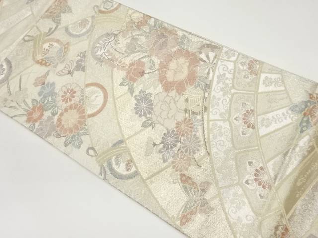源氏車に花々・蝶模様織り出し袋帯【中古】【着】