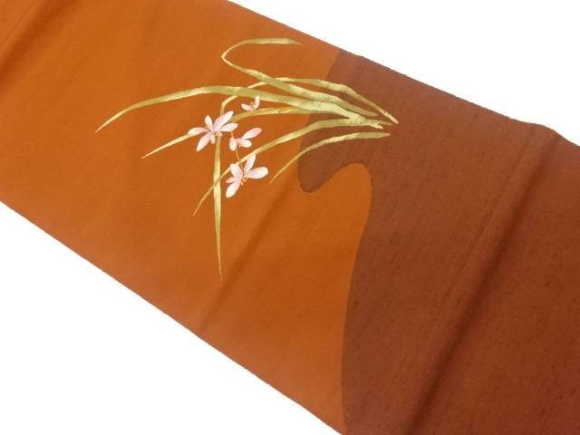 手織り紬 花葉模様織り出し袋帯【中古】【着】