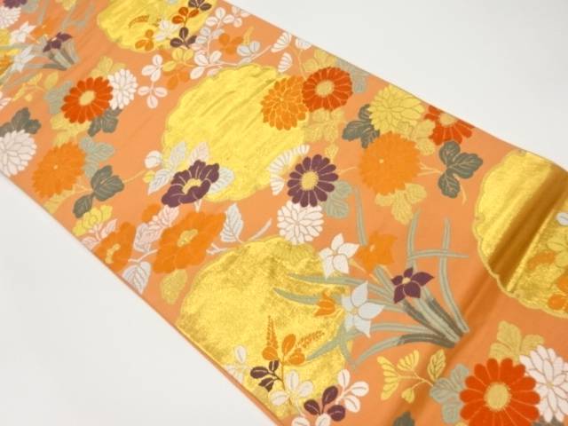 唐織雪輪に花々模様織出し袋帯【中古】【着】