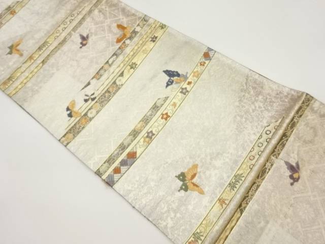 唐織蝶に横段・花唐草模様織出し袋帯【中古】【着】