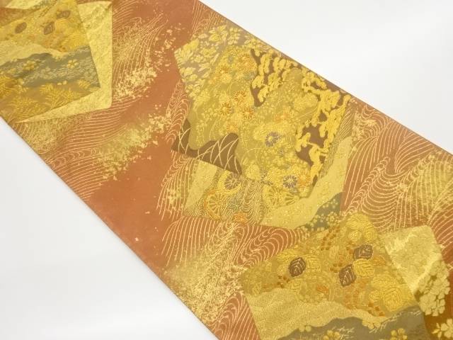 引箔色紙に松・花々模様織出し袋帯【中古】【着】