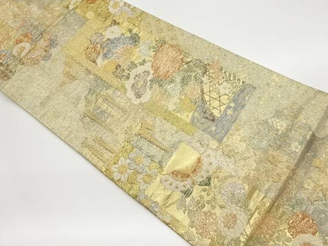 短冊に蝶・花々模様織出し袋帯【中古】【着】
