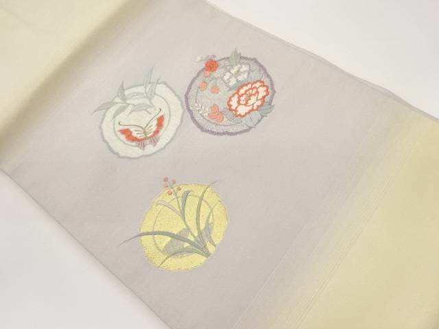 丸に蝶・花々模様刺繍名古屋帯【中古】【着】 11,396円