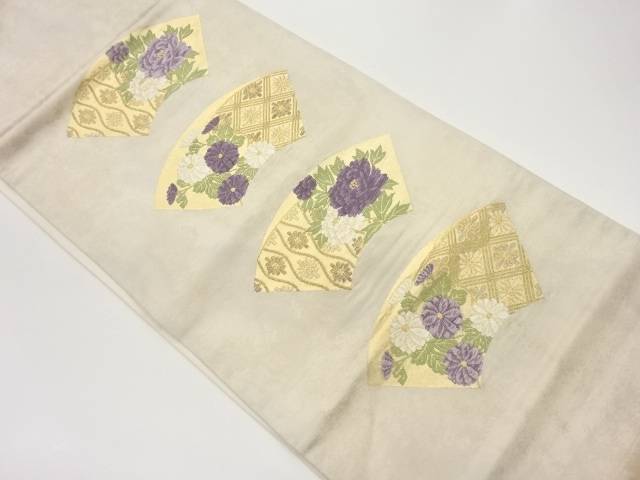 引箔 扇面に牡丹・菊模様織り出し袋帯【中古】【着】