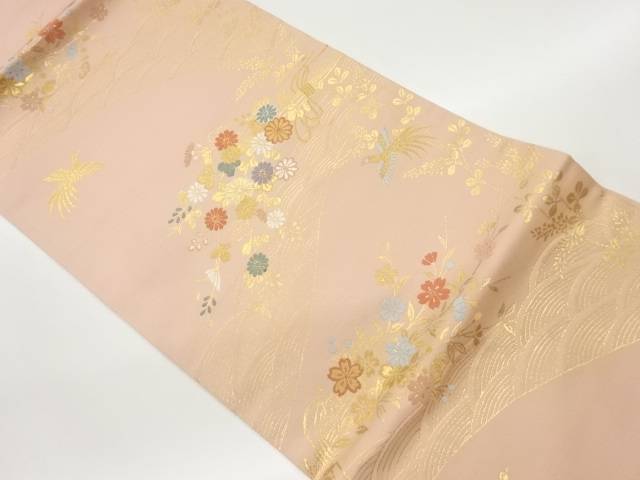 波に鳥・秋草・桜模様織り出し名古屋帯【中古】【着】