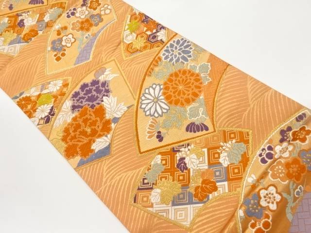 地紙に花々・波模様織出し袋帯【中古】【着】