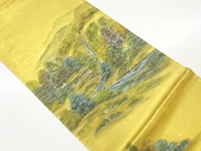 作家物　引箔手描き山並に木々・川・民家風景模様袋帯【中古】【着】
