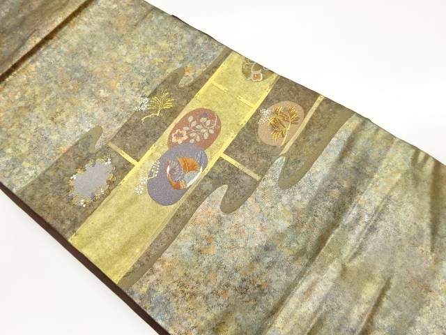 引箔ヱ霞に花鳥模様織出し刺繍名古屋帯【中古】【着】