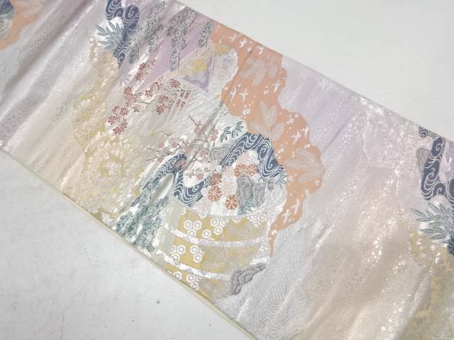 道長取りに几帳・屋敷風景模様織り出し袋帯【中古】【着】