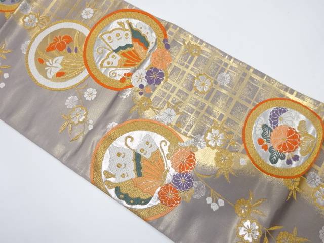 橋本機業製　丸紋に蝶・枝垂れ桜模様織り出し　袋帯【中古】【着】