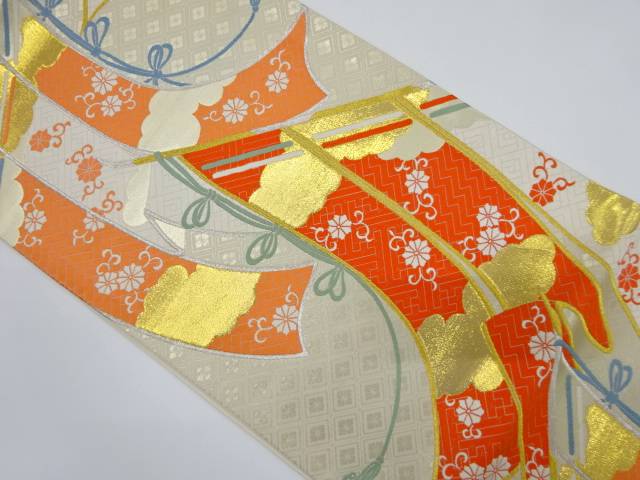 几帳に花唐草模様織り出し　袋帯【中古】【着】