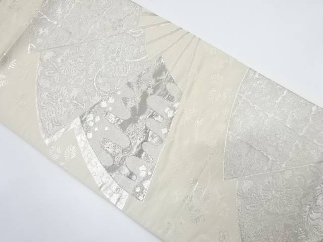 プラチナ箔　扇面に霞・花唐草模様織り出し　袋帯【中古】【着】