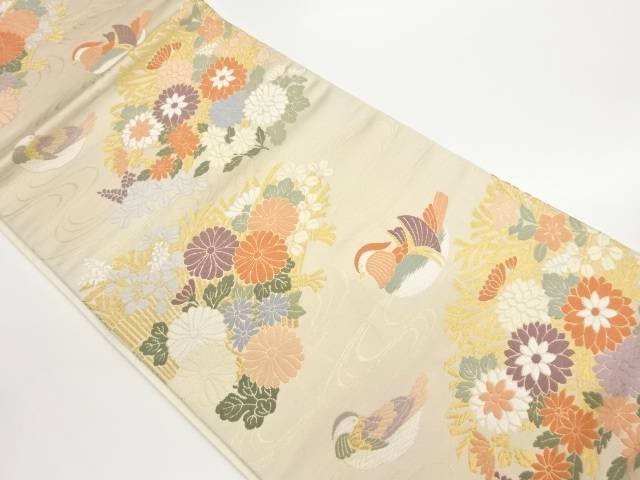 流水に花々・鴛鴦模様織出し袋帯【中古】【着】