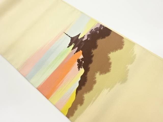 綴れ寺院風景模様織出し名古屋帯【中古】【着】